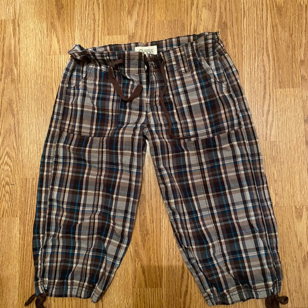 Warehouse Brown and Blue Plaid Capri Pants